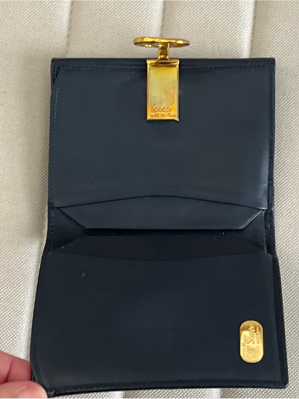 Gucci Gold and Navy Double G Logo Hardware Accent wallet - Picture 10 of 15